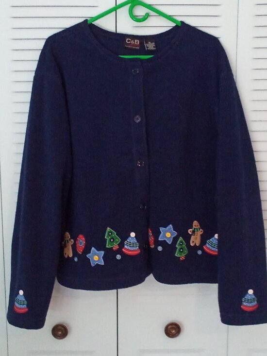 VTG C&B SPORT XL FLEECE BUTTON-UP NAVY CHRISTMAS TREES STARS GINGERBREAD TEACHER - Picture 1 of 9